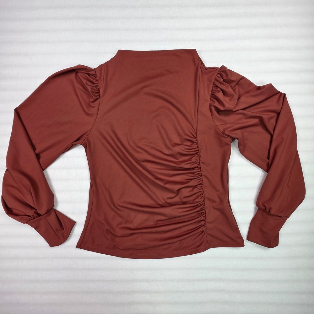 Halara Terracotta Ruched Mock Neck Puff Sleeve Top Brown Medium